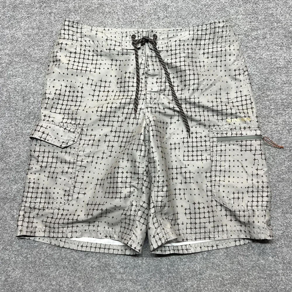 Simms Board Shorts Mens Medium Gray Geometric Swim Trunks Quick Dry Pockets